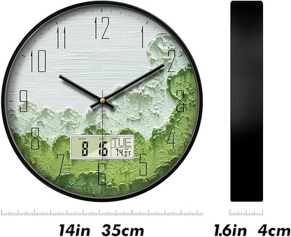 SCOAGE Modern Wall Clock with Temperature Green Forest Large Display Non-Ticking Battery Operated Clock with Date and Week for Kitchen Bedroom Living Room Farmhouse Decor 14 Inch