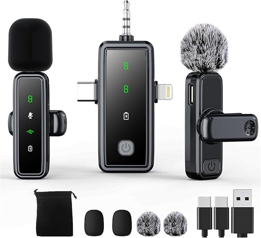 3 in 1 Wireless Lavalier Microphones for iPhone/Android/Camera, 2 Pack Mini Microphone LED Display Lapel Omnidirectional Mic with Mute/Reverb/Noise Reduction for TikTok/Podcast/Vlog Recording