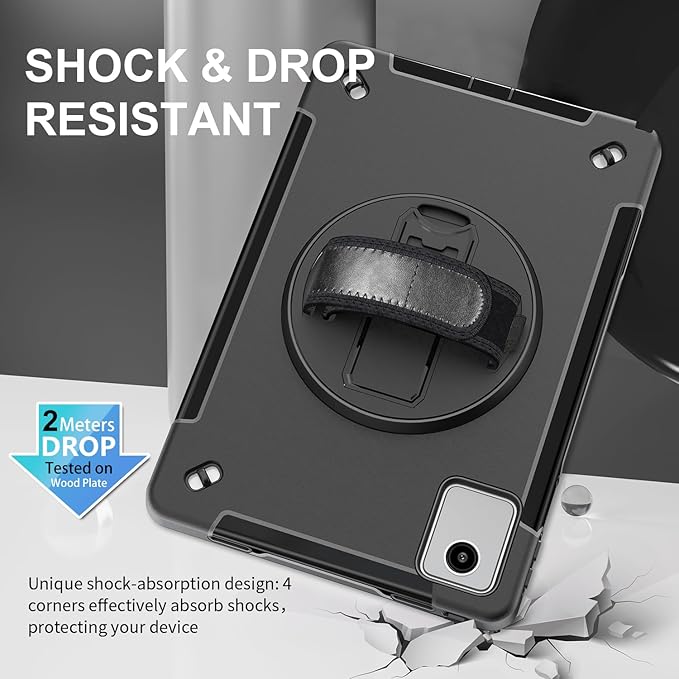 Junfire Protective Case for Lenovo Tab M11/Tab K11 LTE 11-inch 2024, Shockproof Rugged Case with 360°Rotating Kickstand/Hand Strap/Shoulder Strap/Pencil Holder for TB-330FU/330XU-Black