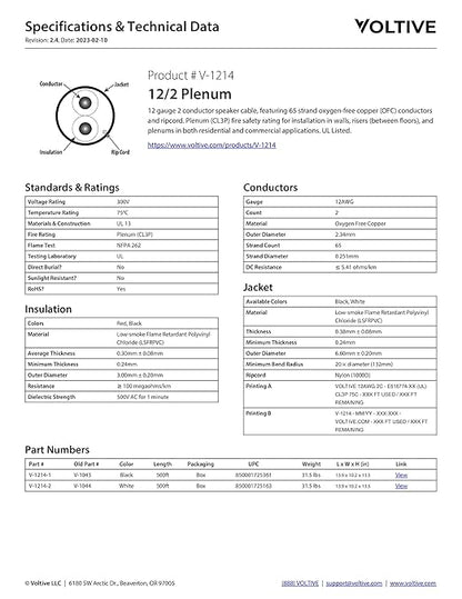 Voltive 12/2 Speaker Wire, Plenum CL3P, Black, 500ft - 12AWG, 2 Conductors, Stranded Oxygen-Free Copper, UL Listed - V-1214-1