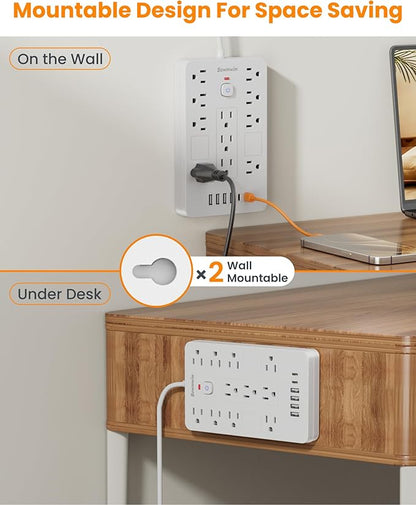 Bawmwim Surge Protector Power Strip - 11 Outlets(1850W/15A) with 6 USB Ports(2 USB C), 10FT Flat Plug Extension Cord, Wall Mount, White, ETL Listed for Home, Dorm Room
