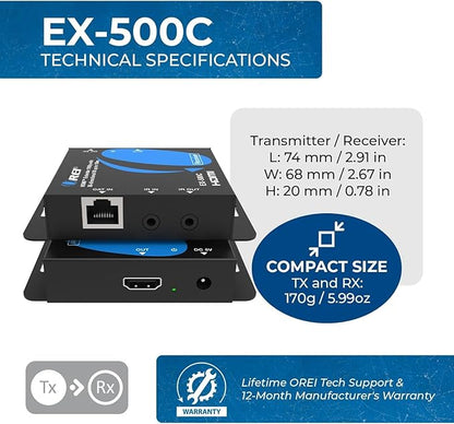 OREI HDMI Over Ethernet Extender with HDMI Loop Out, Bi-Directional IR, and PCM2.0 Audio – Extend 1080p@60Hz Up to 492ft Over CAT6/7