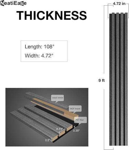 NeatiEase Wood Wall Panels, 9 Feet Acoustic Slat Wall Panels for Interior Wall Decor and Noise Reduction, Decorative Slat Wall Paneling, Dark Gray Oak, 4-Piece