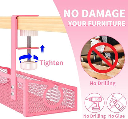Under Desk Cable Management Tray Black, No Drill Desk Cable Wire Management Organizer with Clamp, PC Cord Organizer Accessories & Workspace for Office, Home（Pink）