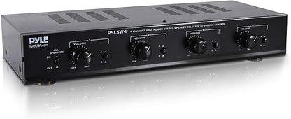 Pyle 4 Channel Speaker Selector Switch - Multi Zone A B Speaker Distribution Controller Box w/Independent Audio Source Volume Control, Supports Home Theater Stereo Amplifier Receiver System - PSLSW4