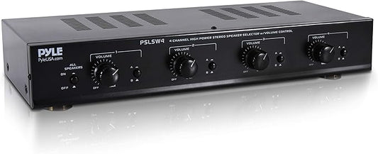 Pyle 4 Channel Speaker Selector Switch - Multi Zone A B Speaker Distribution Controller Box w/Independent Audio Source Volume Control, Supports Home Theater Stereo Amplifier Receiver System - PSLSW4