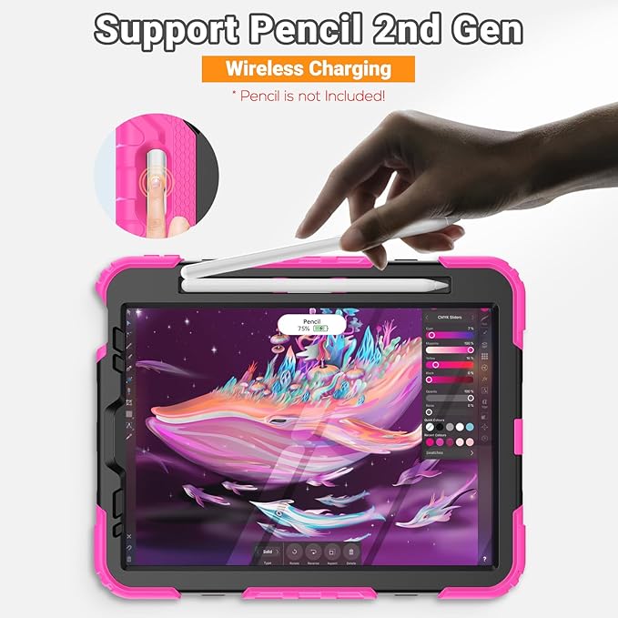 SEYMAC for iPad Air 5th/ 4th Generation Case 10.9 Inch, Full-Body Shockproof Protective Case with Screen Protector, Rotating Stand/Handle/Shoulder Strap for iPad Air 5/ Air 4, Black/Pink