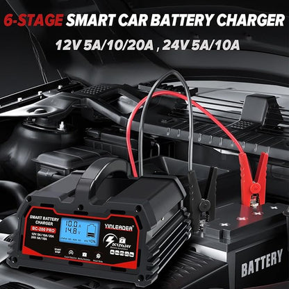 Battery Charger 20A, 12V/24V Lead Acid Smart Battery Charger, 12V LiFePO4 Car Battery Trickle Charger, Automatic Battery Maintainer for Car Motorcycle Lawn Mower Marine Boat Lead Acid Batteries