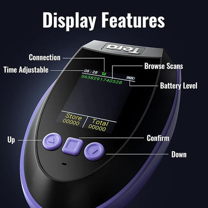 Tera Barcode Scanner Wireless with Screen: Pro Version 1D 2D QR with Setting Keypad Charging Cradle Works with Bluetooth 2.4G Wireless USB Wired Handheld Bar Code Reader HW0009 Purple