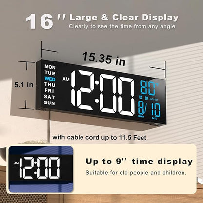 JALL 16" Large Digital Wall Mount Clock, Count Down Timer, Alarm, Big LED, RGB Color, DST, Temperature for Living Room Classroom Desk, Xmas, Birthday Gift for Senior Mom Dad (White Blue, 16 inches)