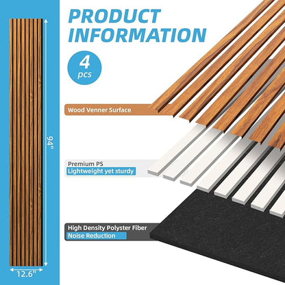 Art3d 4-Piece 94 x 12.6 Inch Acoustic Lightweight Slat Wall Panel - Waterproof Wood Textured Wainscoting Panel of 33 Sq.Ft for Bedroom, Home Theater Office Accent Wall, Teak