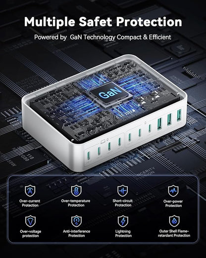 480W USB C Charger Block, Rocoren 10-Ports USB C Charging Station for Multiple Devices,PD 100W Type c Gan Fast Charger Station Multi USBC Charging Hub for Laptop MacBook HP iPad iPhone Samsung