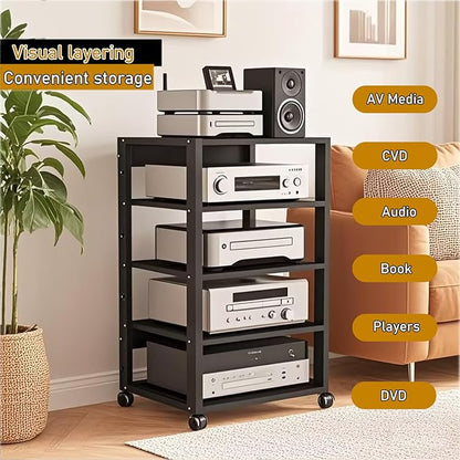 Dernoing 5 Tier Audio Rack Tower, CD Record Player Stereo Receiver AV Equipment Cabinet Display Rack, Weight Capacity 661 lbs, with Adjustable Wooden Shelves for Home (5 Tier Black)
