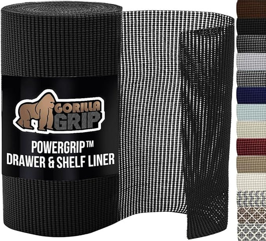 GORILLA GRIP powerGRIP Drawer Shelf and Cabinet Liner, Thick Strong Hold, Non-Adhesive Liners Protect Kitchen Cabinets and Cupboard, Bathroom Drawers, Easy Install, Breathable Mat, 12" x20', Black