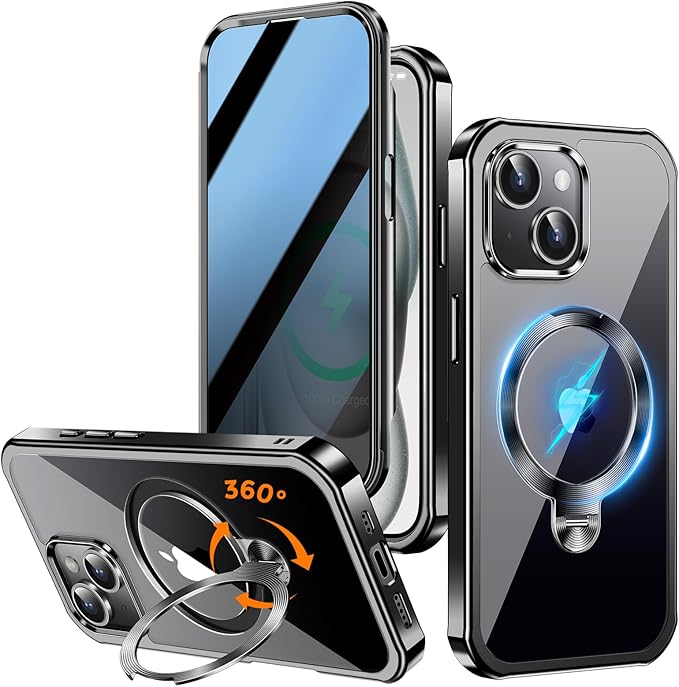 [360° Rotatable CD Stand & Built-in Privacy Screen Magnetic Case for iPhone 15 [Compatible with MagSafe & Full Signal] Mil-Grade Shockproof Full Body Anti-Spy Cover for 15-Black