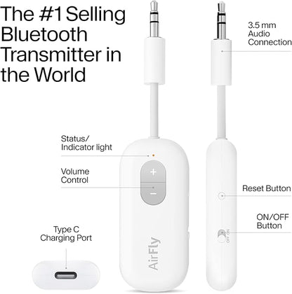 Twelve South AirFly SE, Bluetooth Wireless Audio Transmitter for AirPods/Wireless or Noise-Cancelling Headphones; Use with Any 3.5 mm Audio Jack on Airplanes, Gym Equipment or iPad/Tablets (Black)