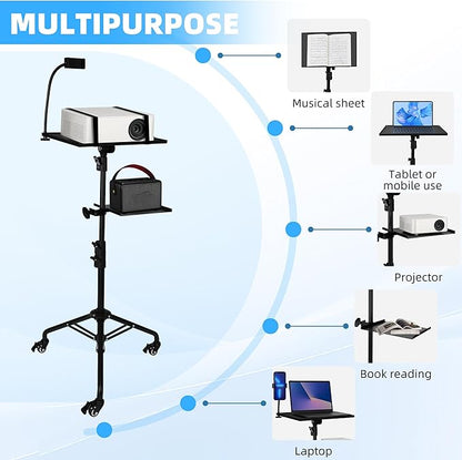 STEADUS Projector Stand Tripod – 24 to 59 Inch Adjustable Height – Dual Shelves Laptop Tripod Stand with Moveable Wheels and Phone Holder, Portable Laptop Stand for Office, Stage & Outdoor Use