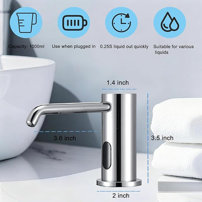Automatic Soap Dispenser Touchless for Kitchen Bathroom Sink Built in Electric Soap Dispenser Infrared Sensors Liquid Commercial Dispenser with Bottle and Pump 33.81oz/1000ml (Chrome)