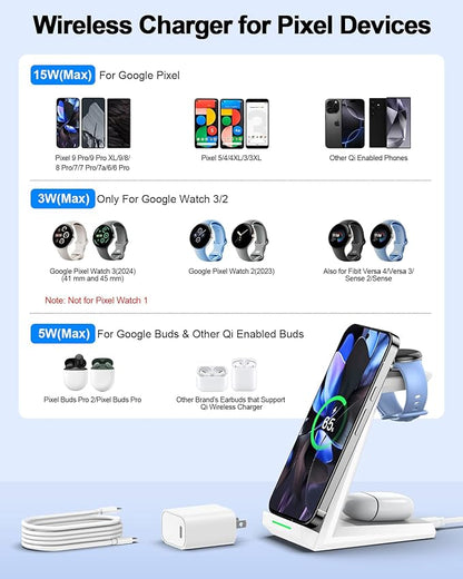 NANAMI Wireless Charger for Google - 3 in 1 Wireless Charging Station Fast Charger Stand Dock for Pixel 9 Pro XL/9/Fold/8/7/7A/6,Buds Pro 2/Pro, Watch 3/2,Fitbit Versa 4/Sense 2(Not for Pixel Watch 1)