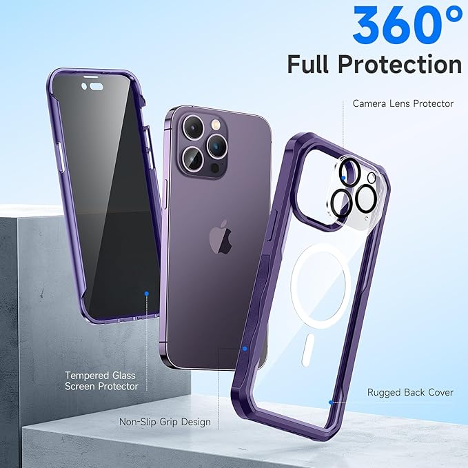seacosmo for iPhone 14 Pro Max Case, Full Body Bumper with Built-in 9H Tempered Glass Privacy Screen Protector and Camera Lens Protector, Compatible with MagSafe, Shockproof Phone Cover, 6.7", Purple