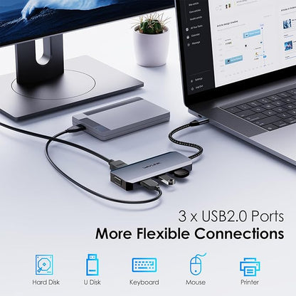 USB C Docking Station Dual DP Monitor, Displayport Docking Station with Dual DP, HDMI, VGA, USB2.0 Ports for Lenovo HP Dell, Windows System Computer (Gray)