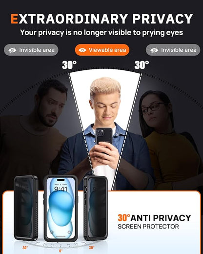 Lanhiem for iPhone 15 Privacy Case, Waterproof Dustproof Shockproof Cases for iPhone 15 with Privacy Screen Protector, Full Body Heavy Duty Protective Cover for iPhone 15-6.1 inch (Black)