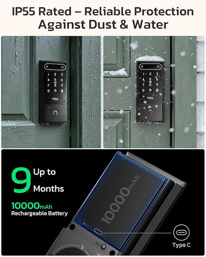 TCL D2 Pro Smart Lock with Palm Vein Recognition, 10000mAh Rechargeable Battery & Wi-Fi, Keyless Entry Door Lock, IP55 Weatherproof, Built-in Doorbell, Auto Lock, Compatible with Alexa, Black