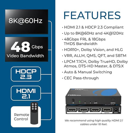 OREI HDMI Switch with Remote – 4K@120Hz 4:4:4 or 8K@60 4:2:0 HDMI Switcher – HDR10+, Dolby Vision, VRR, ALLM, CEC – HDMI Switch Perfect for PS5/Xbox, Blu-ray Players, Fire TV