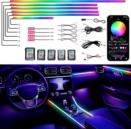 Acrylic Interior Car LED Strip Lights, Colorful 10-in-1 Car Ambient Lighting Kit, with Wireless APP Control, 622 LED Fiber Optic Strip Lights for Cars, Supports Neon Sync with Music DIY Mode