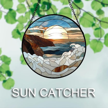 DASTOLL Stained Glass Window Hanging 4 Pcs Set Ocean Waves 6.3" - Blue and White Sea Suncatcher Door Garden Sun Catcher Decor Birthday Christmas for Mom Woman Nana Men