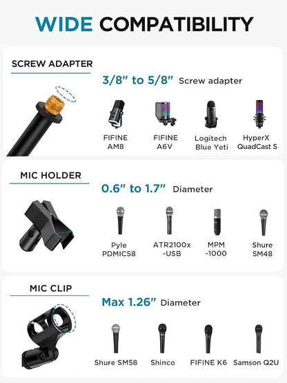 InnoGear Microphone Stand, 2 Pack Tripod Boom Arm Floor Mic Stand Height Adjustable with Carrying Bag 2 Mic Clips 3/8" to 5/8" Adapter for Singing Podcast for Blue Yeti Shure SM58 SM48 Samson Q2U