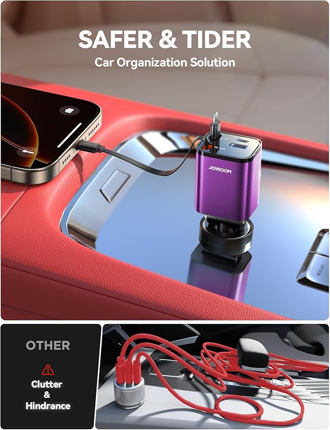 [2025 Ultra-Compact] Retractable Car Charger USB C 84W Car Accessories Adapter for iPhone 16 Fast Charging, Car Travel Essentials Gifts for Women Men, Car Phone Charger for iPhone15 Pro Max, Purple