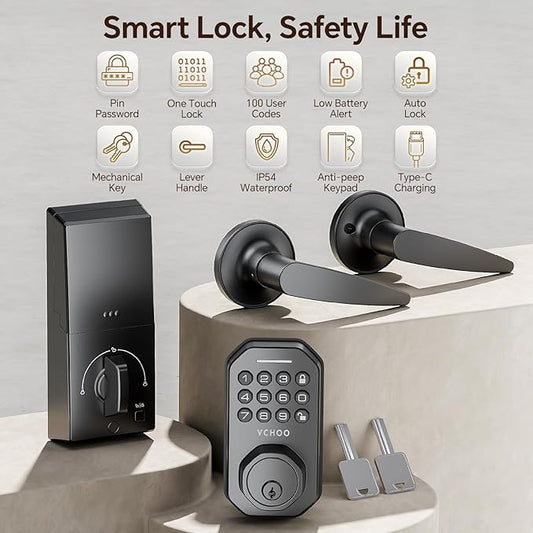 VCHOO Keyless Entry Door Lock Set Smart Locks for Front Door Keypad Door Lock with Handle Auto Lock One Time Password Anti Peeping Password IP54, Black