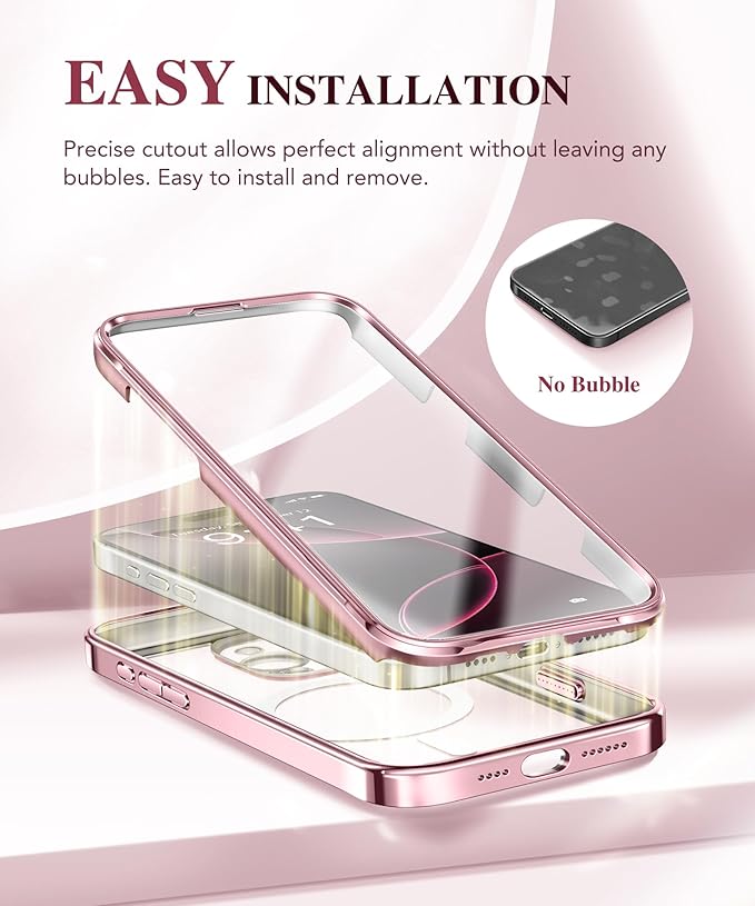 BERFY Magnetic for iPhone 16 Pro Case, Compatible with Magsafe, Built-in 9H Tempered Glass Screen Protector & Upgraded Camera Protection, Full-Body Plating Shockproof Phone Case for 16 Pro 6.3", Pink