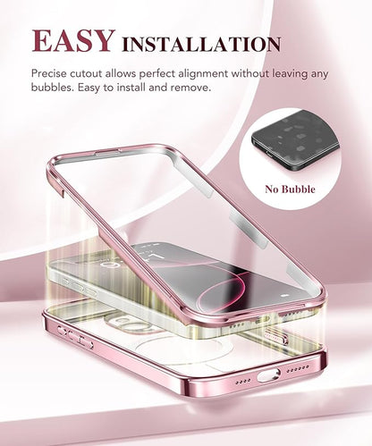 BERFY Magnetic for iPhone 16 Pro Case, Compatible with Magsafe, Built-in 9H Tempered Glass Screen Protector & Upgraded Camera Protection, Full-Body Plating Shockproof Phone Case for 16 Pro 6.3", Pink
