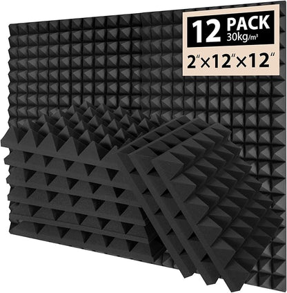 12 Pack Soundproof Wall Panels, Saiqiang Acoustic Foam 2" x 12"x 12" Sound Panels Acoustic Panels Sound Absorbing Black Sound Proof Panels for Walls Pyramid Soundproofing Studio Foam