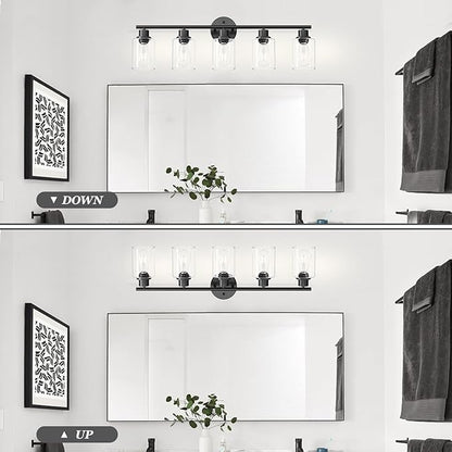 Guliaofo 5-Light Black Bathroom Vanity Lights, E26 Modern Bathroom Light Fixtures with Clear Glass Shade, Mirror Kitchen Hallway Cabinet Living Room Sconces Wall Lights
