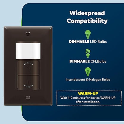 TOPGREENER Motion Sensor Light Switch Dimmer, Electronic Dimmer with PIR Motion Sensor, Occupancy & Vacancy Modes, 150W LED/CFL, Single-Pole, UL Listed, TDODS5-120-BR, Brown