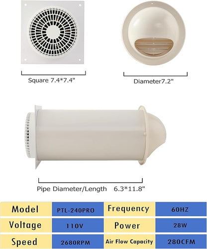 MEOZRI Through-the-Wall Ventilation Fan Exhaust Fan White Cover 6-inch Diameter Vent with 11.8 inch Length 280 CFM