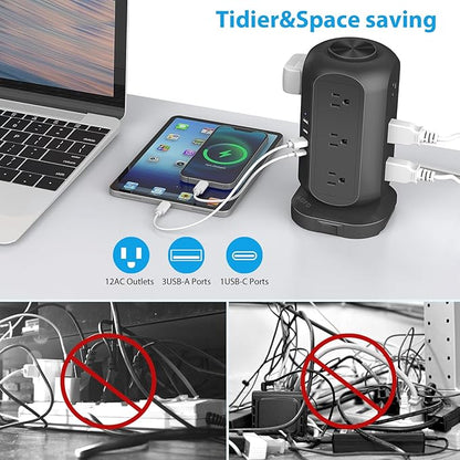 AOFO Long Extension Cord 15 ft Power Strip Tower, Surge Protector 12 AC Outlets 4 USB(1 USB C) Ports, Charging Tower Overload Protection with Multiple Outlets for Home Office