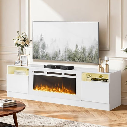 YISUFO 70" TV Stand with 36" Electric Fireplace, Large Modern Media Entertainment Center with Storage Cabinet and 12 Colors LED Lights for TVs Up to 80",All White