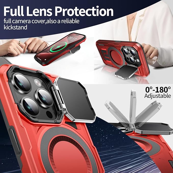 Camera Stand Case for iPhone 15 Pro Max, [Compatible with MagSafe] [Lens Cover] 2024 Version Military Grade Protective Soft Case for iPhone 15 Pro Max 6.7 inch Men Women, Red