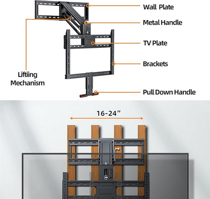 Pull Down TV Mount for Fireplace, Height Adjustable for Most 43-80 Inch TVs, Max VESA 600x400mm up to 80lbs, Full Motion Articulating Above Mantle Installation