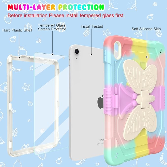BLOSOMEET Cute Pink iPad A16 11th/10th Generation Case for Kids Girls 2025/2022 11/10.9 Inch with Tempered Glass Screen Protector & Stand, Kawaii Butterfly Cover with Pencil Holder Shoulder Strap