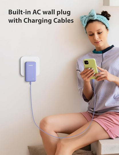 Alongza Portable Charger Built-in Cables and AC Wall Plug, Slim Fast Charging Power Bank 10000mAh, Lightweight USB C External Battery Pack Compact Travel Cell Phone Charger