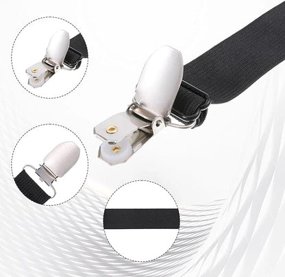 Xyembu 4Pcs Ironing Board Cover Clips Adjustable Ironing Board Pad Braces Fasteners Mini Suspenders Elastic Straps Clips for Secure and Tight Fit Corners Couch Covers Stays Bands(Black)