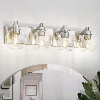 METWET Bathroom Light Fixtures, 4 Light Brushed Nickel Vanity Light, 26 Inch Modern Wall Sconces with Globe Clear Glass Shade, Vanity Lighting Fixtures Over Mirror, VL195-BN-CL-4