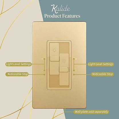 TOPGREENER Elite Series Kalide Dual Load Dimmer Light Switch, Double LED Dimmer Switch, Full Range Dimming, Single Pole, 120VAC, 60Hz, 200W LED/CFL, Neutral Wire Not Required, TGDDS-GD, Gold