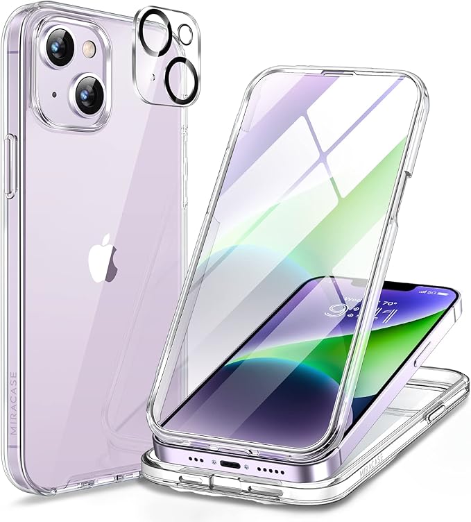 Miracase Class Series for iPhone 14 Case 6.1 inch, [Built-in Tempered Glass Screen Protector] [Bubble Free] Full-Body Protective Bumper Phone Case with Camera Lens Protector, Clear