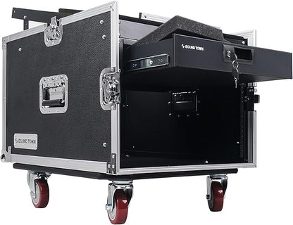 Sound Town High-Quality 1/2” (12mm) Plywood 8U PA DJ Pro Audio Rack/Road ATA Case with 11U Slant Mixer Top, Locking Drawer, 20.2’’ Rackable Depth and Casters (STMR-8D2)